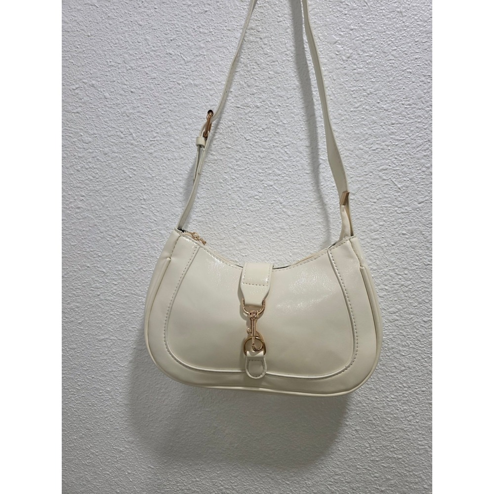 Cream Faux Leather Crescent Shoulder Bag Gold Clasp Detail Minimalist Ivory